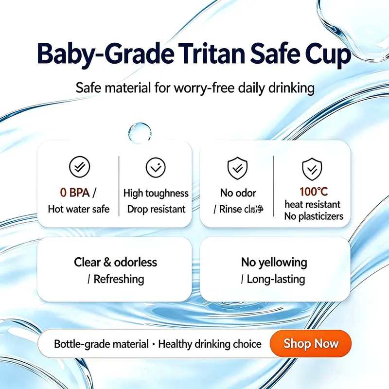 Baby-grade Tritan safe cup: 0 BPA, hot water safe, drop resistant, no odor, 100 degree heat resistant, no plasticizers