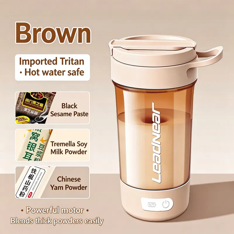 Brown Tritan mixing cup with black sesame paste, tremella soy milk powder and Chinese yam powder