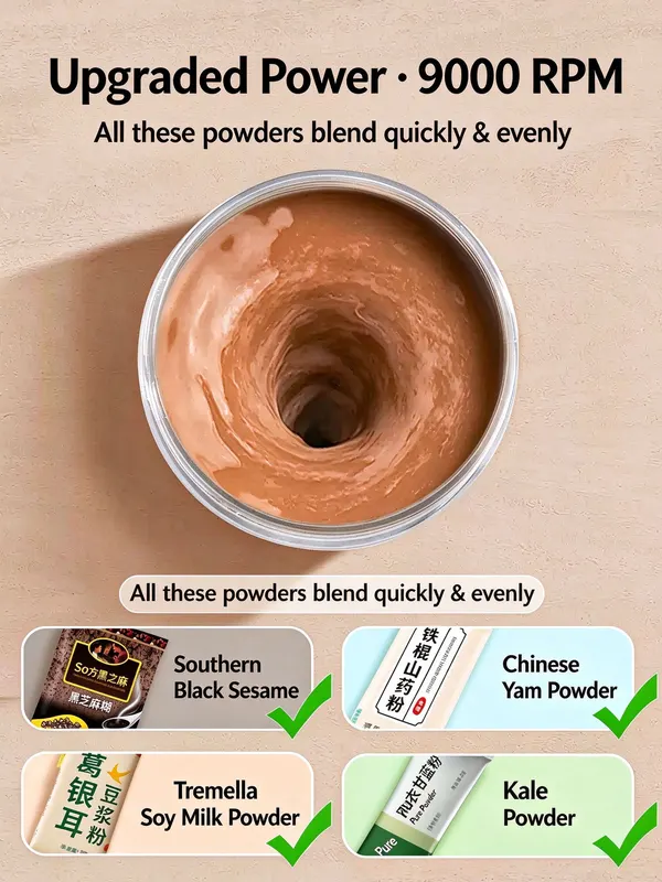 9000 RPM upgraded power blends black sesame paste, yam powder, soy milk powder and kale powder evenly