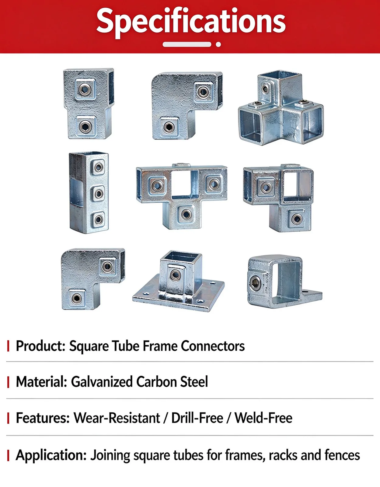 Square tube connector specifications and models