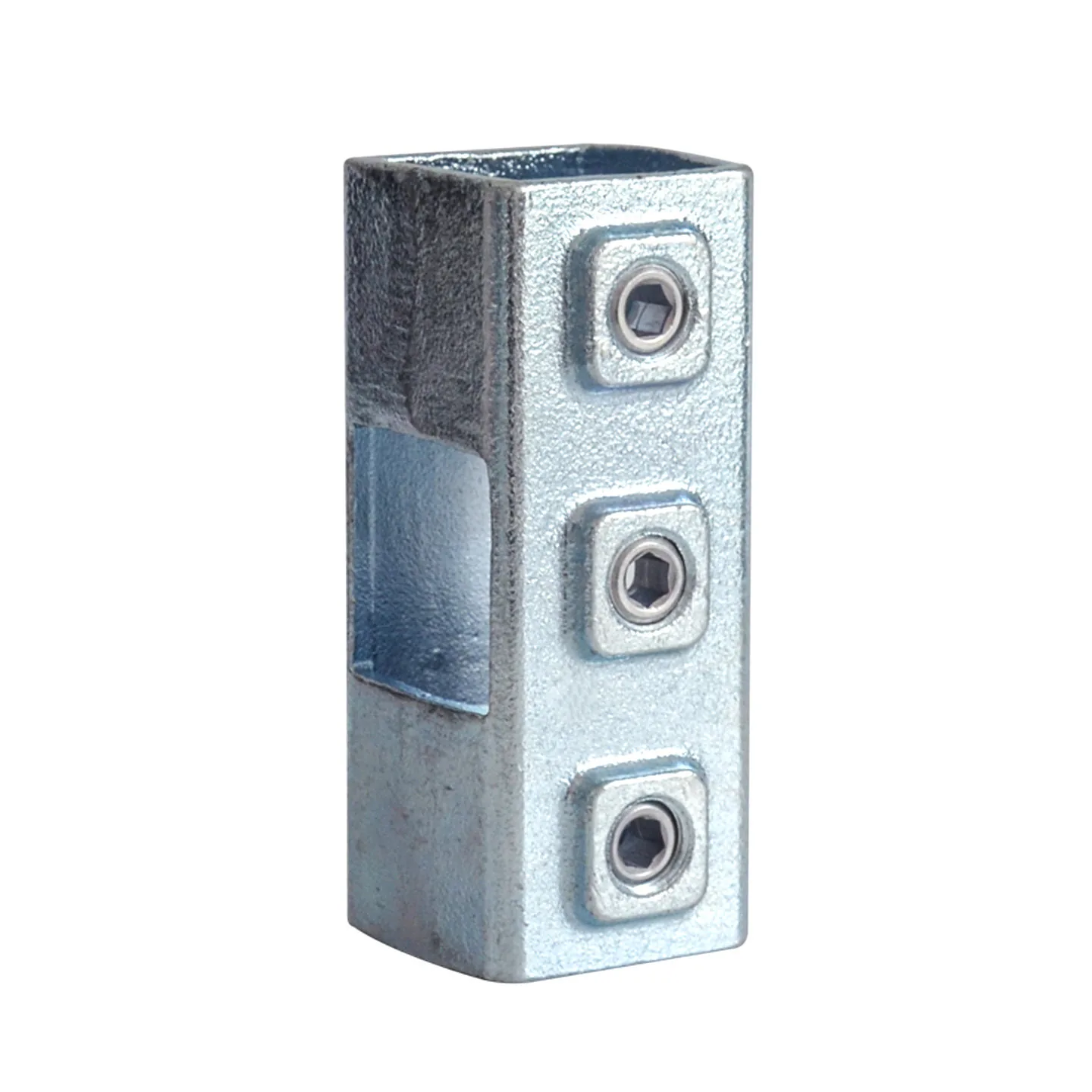 Galvanized square tube connector close-up