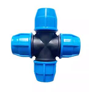 Four-way cross connector with blue ends