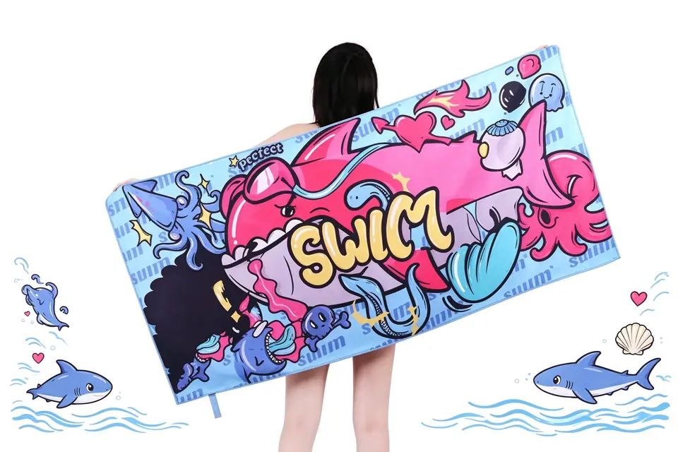 Girl holding a custom printed sand-proof microfiber beach towel