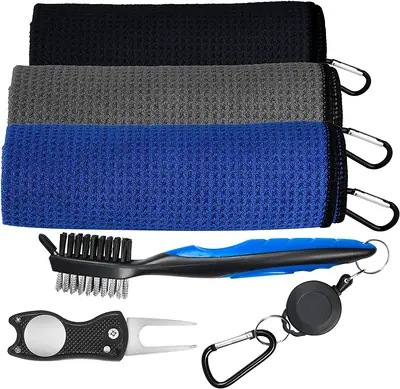Factory Direct Golf Towel Set Microfiber Waffle Golf Towel Brush Tool Set Cleaning Accessories Golf Towel