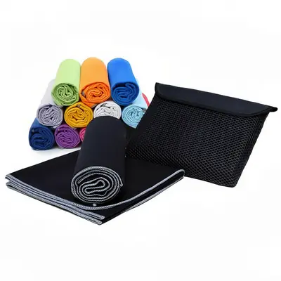 Microfiber Towel Set-Adult Solid Color Quick-Dry Lightweight Mesh Pouch Packaging 2-Piece Black